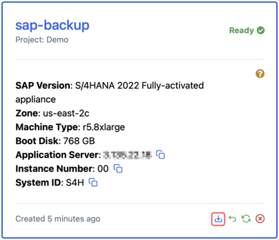 List of SAP system backups on Nuve Platform Backups page